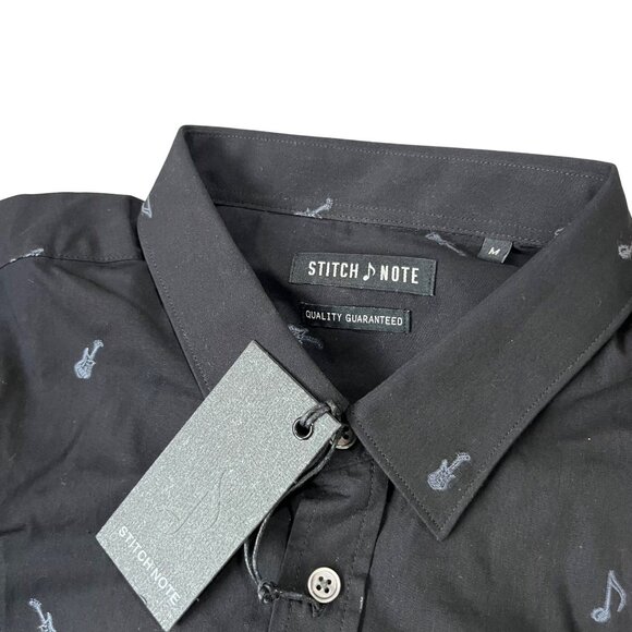30% off! Stitch Note men's shirt M black blue guitar print short sleeve button d - Picture 3 of 8